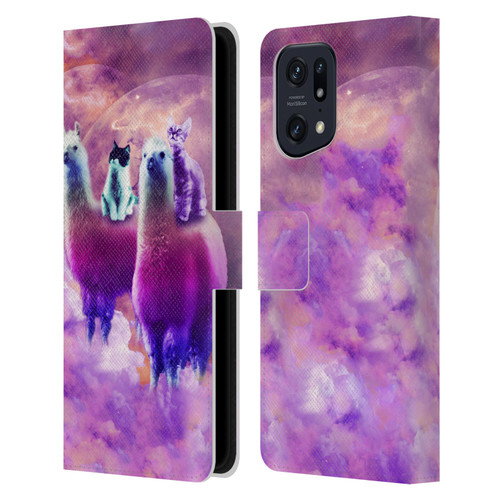 Random Galaxy Space Llama Kitty & Cat Leather Book Wallet Case Cover For OPPO Find X5