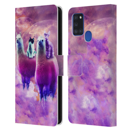 Random Galaxy Space Llama Kitty & Cat Leather Book Wallet Case Cover For Samsung Galaxy A21s (2020)