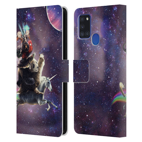 Random Galaxy Space Llama Unicorn Space Ride Leather Book Wallet Case Cover For Samsung Galaxy A21s (2020)