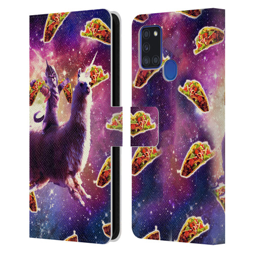 Random Galaxy Space Llama Warrior Cat & Tacos Leather Book Wallet Case Cover For Samsung Galaxy A21s (2020)