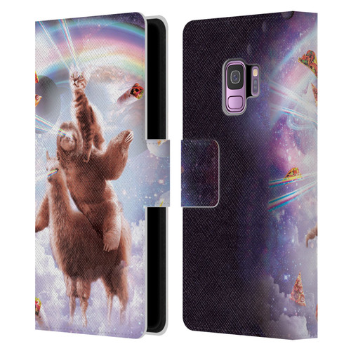 Random Galaxy Space Llama Sloth & Cat Lazer Eyes Leather Book Wallet Case Cover For Samsung Galaxy S9