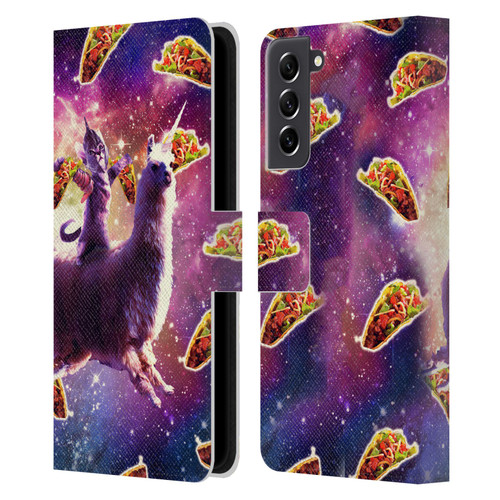 Random Galaxy Space Llama Warrior Cat & Tacos Leather Book Wallet Case Cover For Samsung Galaxy S21 FE 5G