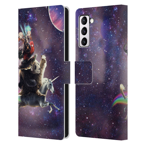Random Galaxy Space Llama Unicorn Space Ride Leather Book Wallet Case Cover For Samsung Galaxy S21+ 5G