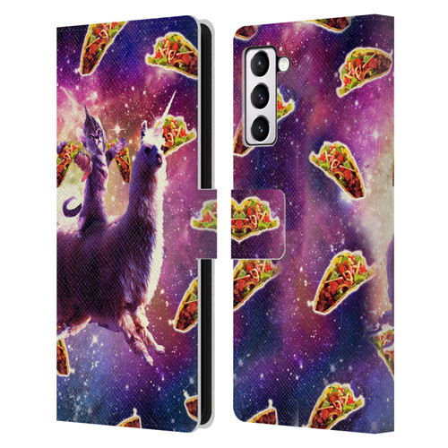 Random Galaxy Space Llama Warrior Cat & Tacos Leather Book Wallet Case Cover For Samsung Galaxy S21+ 5G