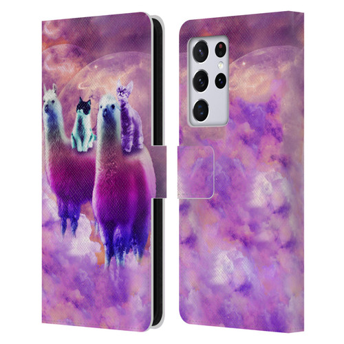 Random Galaxy Space Llama Kitty & Cat Leather Book Wallet Case Cover For Samsung Galaxy S21 Ultra 5G