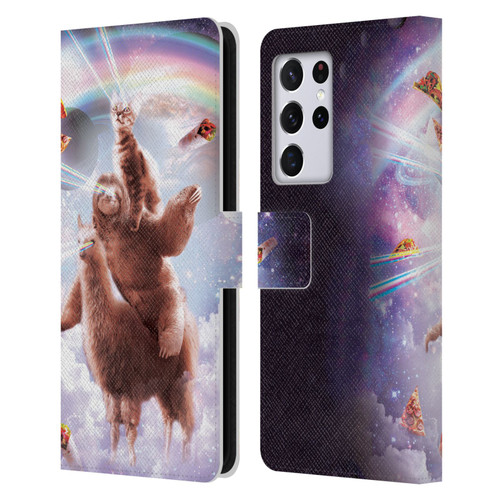 Random Galaxy Space Llama Sloth & Cat Lazer Eyes Leather Book Wallet Case Cover For Samsung Galaxy S21 Ultra 5G