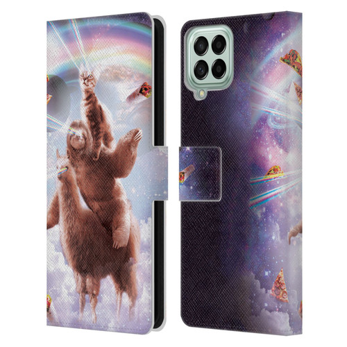 Random Galaxy Space Llama Sloth & Cat Lazer Eyes Leather Book Wallet Case Cover For Samsung Galaxy M33 (2022)