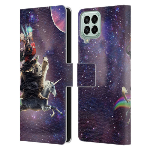 Random Galaxy Space Llama Unicorn Space Ride Leather Book Wallet Case Cover For Samsung Galaxy M33 (2022)