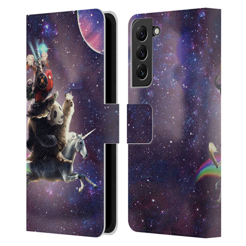 Random Galaxy Space Llama Unicorn Space Ride Leather Book Wallet Case Cover For Samsung Galaxy S22+ 5G
