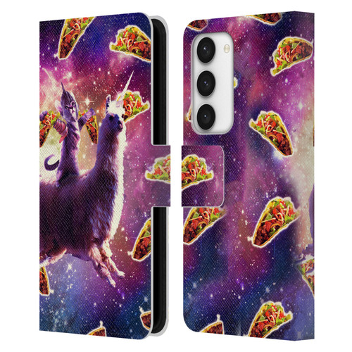 Random Galaxy Space Llama Warrior Cat & Tacos Leather Book Wallet Case Cover For Samsung Galaxy S23 5G