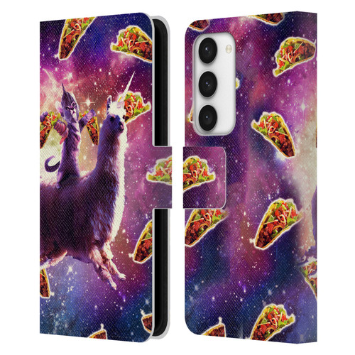 Random Galaxy Space Llama Warrior Cat & Tacos Leather Book Wallet Case Cover For Samsung Galaxy S23 5G