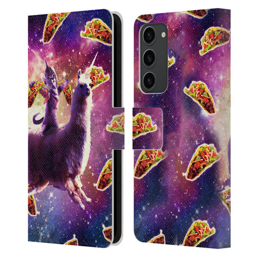 Random Galaxy Space Llama Warrior Cat & Tacos Leather Book Wallet Case Cover For Samsung Galaxy S23+ 5G