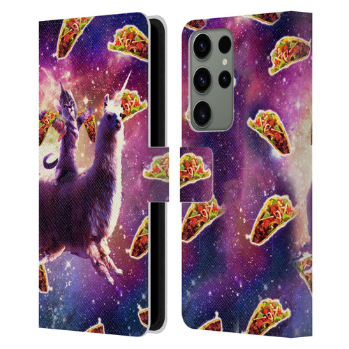 Random Galaxy Space Llama Warrior Cat & Tacos Leather Book Wallet Case Cover For Samsung Galaxy S23 Ultra 5G