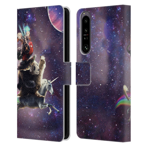Random Galaxy Space Llama Unicorn Space Ride Leather Book Wallet Case Cover For Sony Xperia 1 IV
