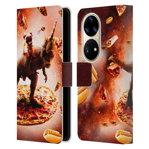 Random Galaxy Space Pizza Ride Pug & Dinosaur Unicorn Leather Book Wallet Case Cover For Huawei P50 Pro