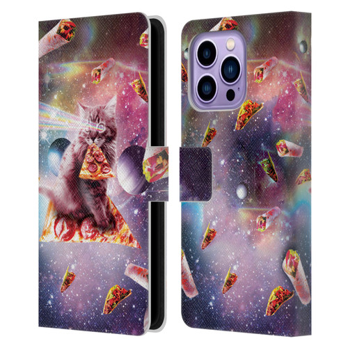 Random Galaxy Space Pizza Ride Outer Space Lazer Cat Leather Book Wallet Case Cover For Apple iPhone 14 Pro Max