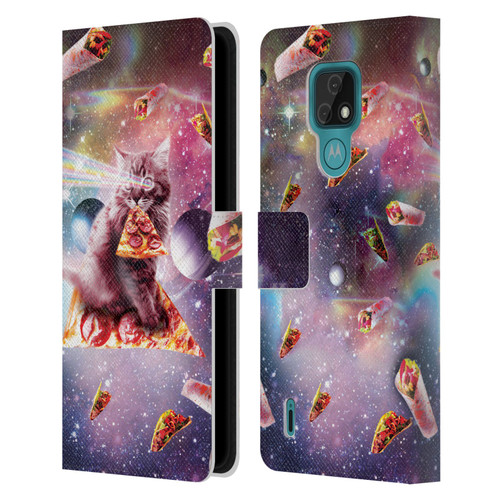 Random Galaxy Space Pizza Ride Outer Space Lazer Cat Leather Book Wallet Case Cover For Motorola Moto E7