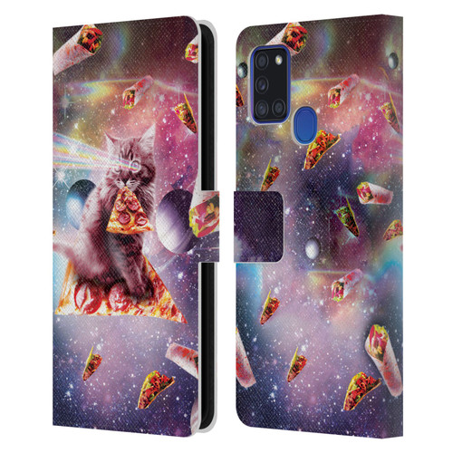 Random Galaxy Space Pizza Ride Outer Space Lazer Cat Leather Book Wallet Case Cover For Samsung Galaxy A21s (2020)