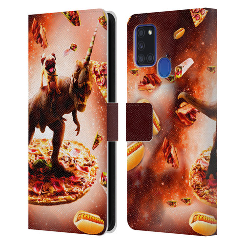 Random Galaxy Space Pizza Ride Pug & Dinosaur Unicorn Leather Book Wallet Case Cover For Samsung Galaxy A21s (2020)