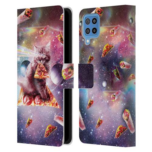 Random Galaxy Space Pizza Ride Outer Space Lazer Cat Leather Book Wallet Case Cover For Samsung Galaxy F22 (2021)