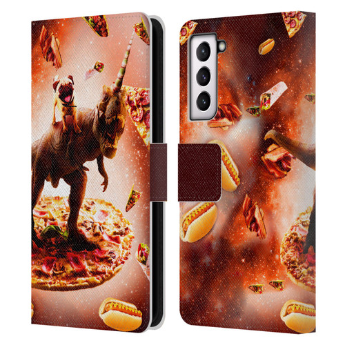 Random Galaxy Space Pizza Ride Pug & Dinosaur Unicorn Leather Book Wallet Case Cover For Samsung Galaxy S21 5G