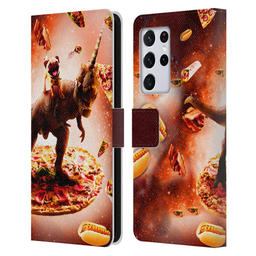 Random Galaxy Space Pizza Ride Pug & Dinosaur Unicorn Leather Book Wallet Case Cover For Samsung Galaxy S21 Ultra 5G