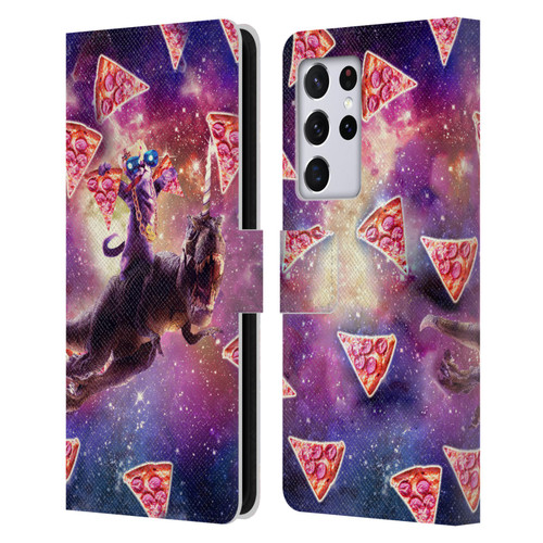 Random Galaxy Space Pizza Ride Thug Cat & Dinosaur Unicorn Leather Book Wallet Case Cover For Samsung Galaxy S21 Ultra 5G