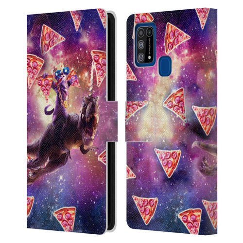 Random Galaxy Space Pizza Ride Thug Cat & Dinosaur Unicorn Leather Book Wallet Case Cover For Samsung Galaxy M31 (2020)