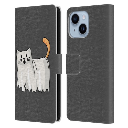 Beth Wilson Doodle Cats 2 Halloween Ghost Leather Book Wallet Case Cover For Apple iPhone 14 Plus