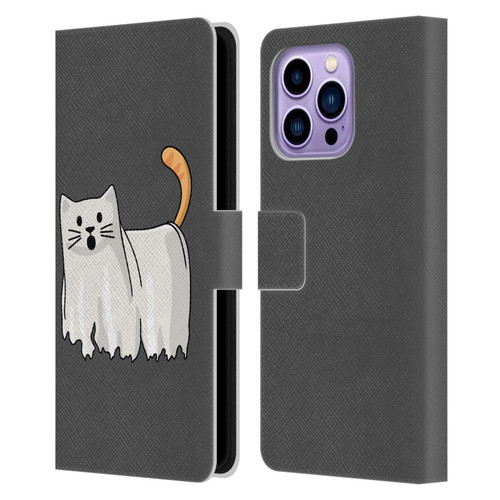 Beth Wilson Doodle Cats 2 Halloween Ghost Leather Book Wallet Case Cover For Apple iPhone 14 Pro Max