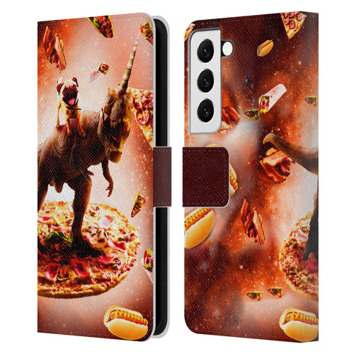 Random Galaxy Space Pizza Ride Pug & Dinosaur Unicorn Leather Book Wallet Case Cover For Samsung Galaxy S22 5G