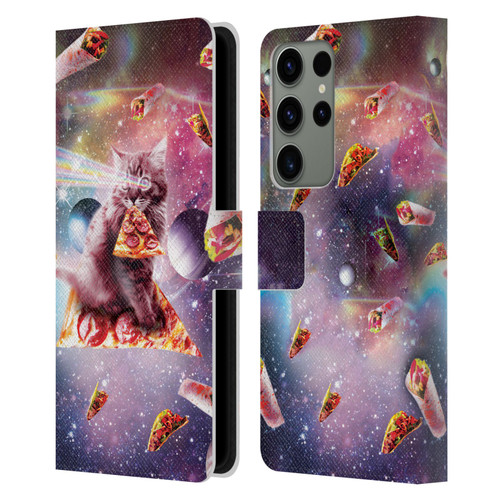 Random Galaxy Space Pizza Ride Outer Space Lazer Cat Leather Book Wallet Case Cover For Samsung Galaxy S23 Ultra 5G
