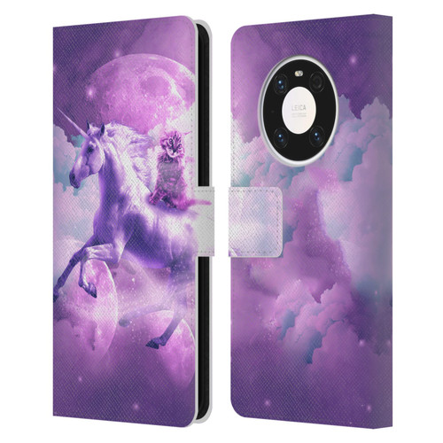 Random Galaxy Space Unicorn Ride Purple Galaxy Cat Leather Book Wallet Case Cover For Huawei Mate 40 Pro 5G