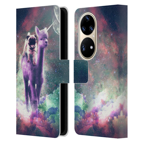 Random Galaxy Space Unicorn Ride Pug Riding Llama Leather Book Wallet Case Cover For Huawei P50 Pro