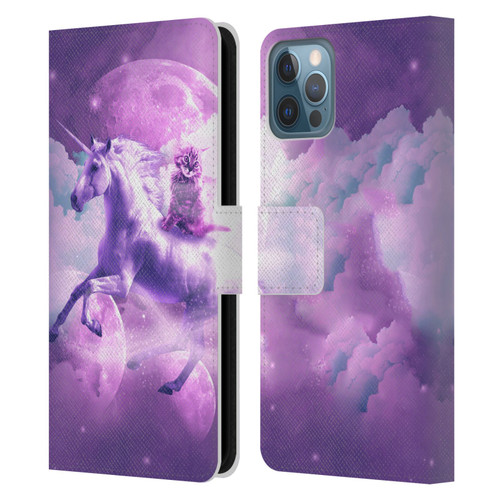 Random Galaxy Space Unicorn Ride Purple Galaxy Cat Leather Book Wallet Case Cover For Apple iPhone 12 / iPhone 12 Pro