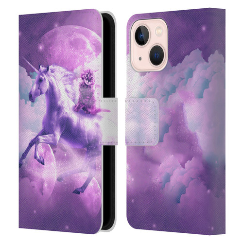 Random Galaxy Space Unicorn Ride Purple Galaxy Cat Leather Book Wallet Case Cover For Apple iPhone 13 Mini