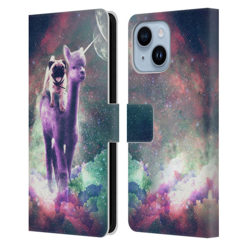 Random Galaxy Space Unicorn Ride Pug Riding Llama Leather Book Wallet Case Cover For Apple iPhone 14 Plus