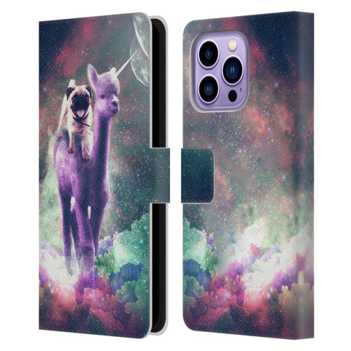 Random Galaxy Space Unicorn Ride Pug Riding Llama Leather Book Wallet Case Cover For Apple iPhone 14 Pro Max