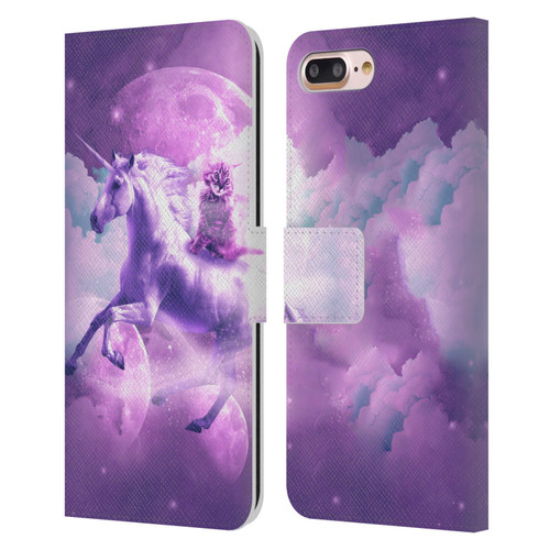 Random Galaxy Space Unicorn Ride Purple Galaxy Cat Leather Book Wallet Case Cover For Apple iPhone 7 Plus / iPhone 8 Plus