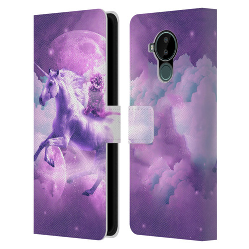 Random Galaxy Space Unicorn Ride Purple Galaxy Cat Leather Book Wallet Case Cover For Nokia C30