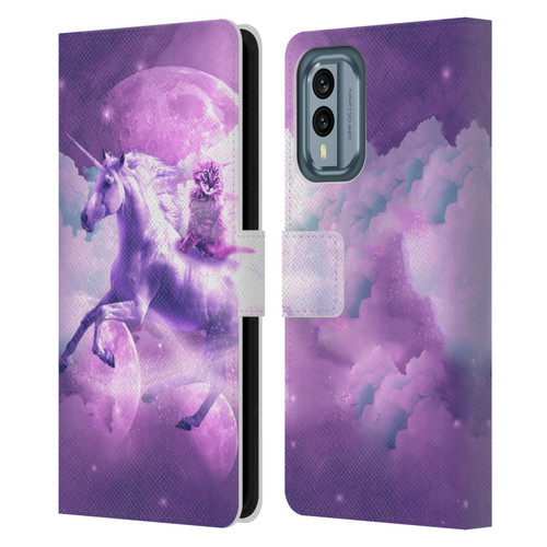 Random Galaxy Space Unicorn Ride Purple Galaxy Cat Leather Book Wallet Case Cover For Nokia X30