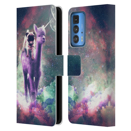 Random Galaxy Space Unicorn Ride Pug Riding Llama Leather Book Wallet Case Cover For Motorola Edge 20 Pro