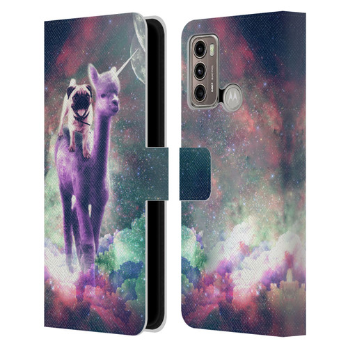 Random Galaxy Space Unicorn Ride Pug Riding Llama Leather Book Wallet Case Cover For Motorola Moto G60 / Moto G40 Fusion