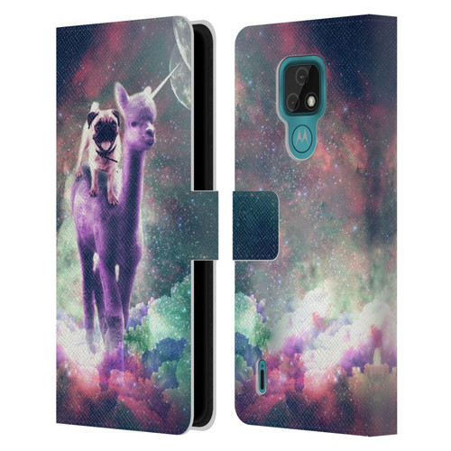 Random Galaxy Space Unicorn Ride Pug Riding Llama Leather Book Wallet Case Cover For Motorola Moto E7