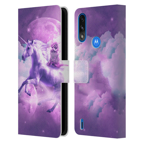 Random Galaxy Space Unicorn Ride Purple Galaxy Cat Leather Book Wallet Case Cover For Motorola Moto E7 Power / Moto E7i Power
