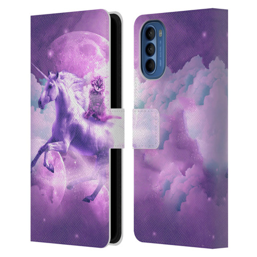 Random Galaxy Space Unicorn Ride Purple Galaxy Cat Leather Book Wallet Case Cover For Motorola Moto G41