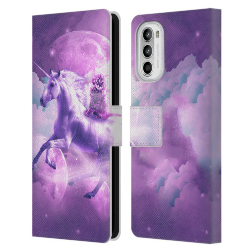 Random Galaxy Space Unicorn Ride Purple Galaxy Cat Leather Book Wallet Case Cover For Motorola Moto G52