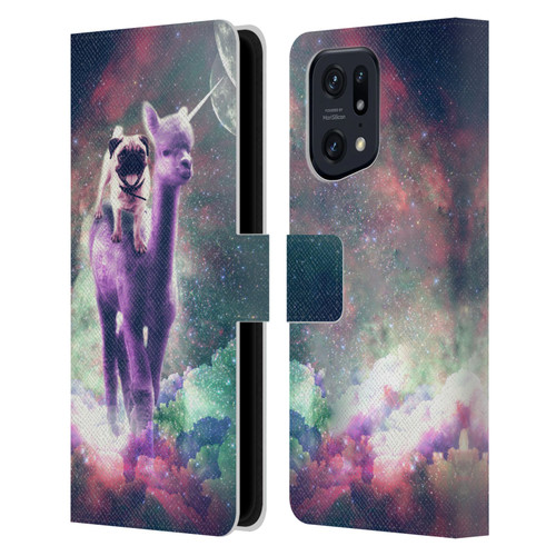 Random Galaxy Space Unicorn Ride Pug Riding Llama Leather Book Wallet Case Cover For OPPO Find X5 Pro