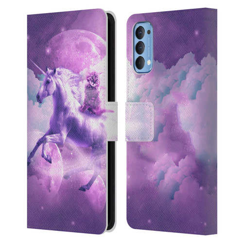 Random Galaxy Space Unicorn Ride Purple Galaxy Cat Leather Book Wallet Case Cover For OPPO Reno 4 5G