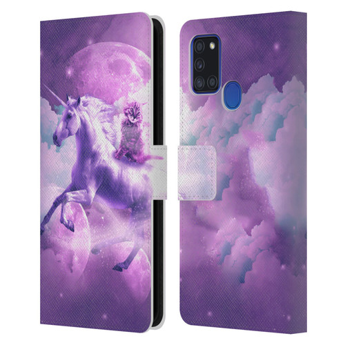 Random Galaxy Space Unicorn Ride Purple Galaxy Cat Leather Book Wallet Case Cover For Samsung Galaxy A21s (2020)